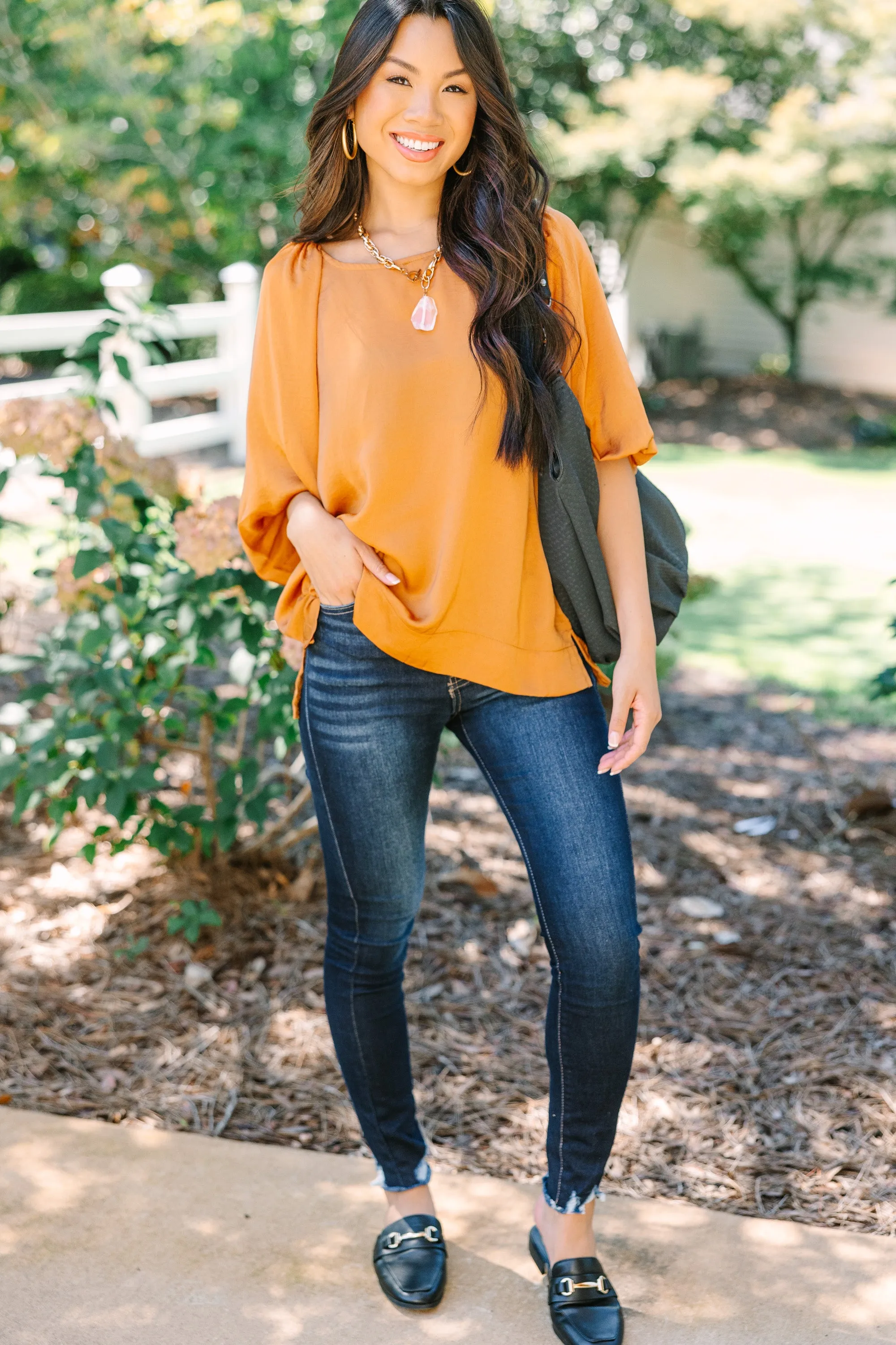 Point It Out Rust Orange Satin Blouse