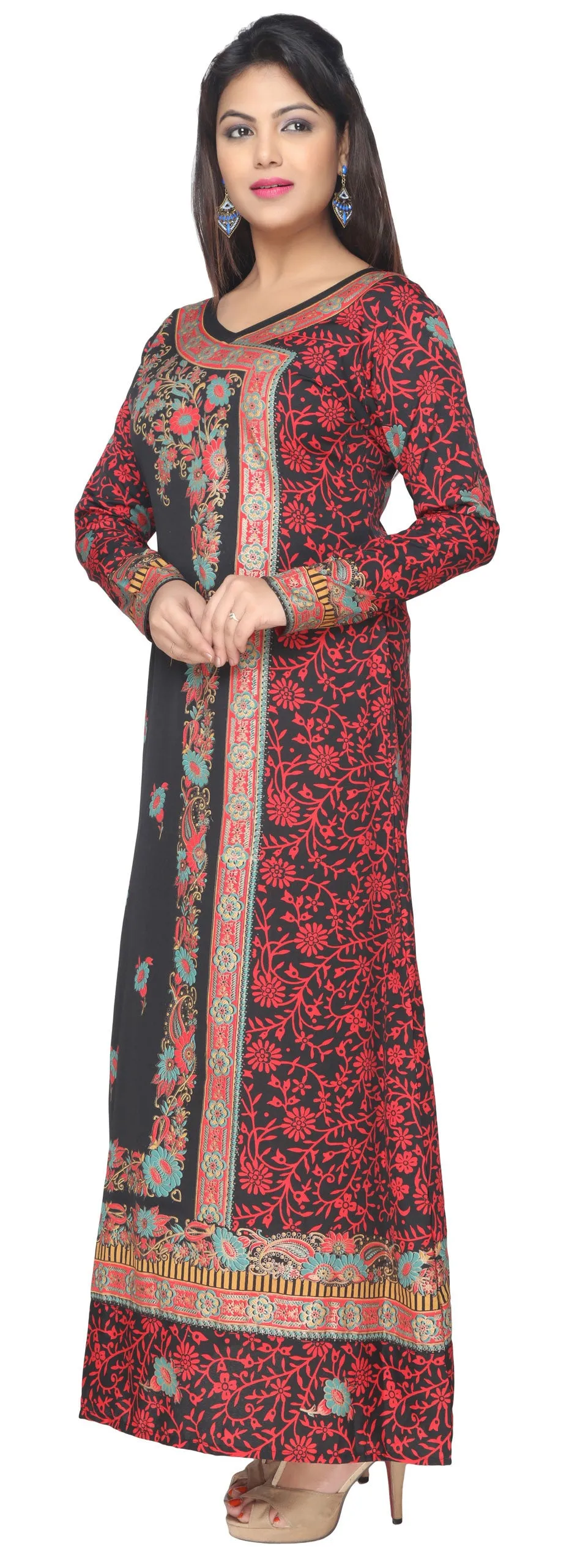 Printed Evening Caftan Womens Long Dress Abayas (Black)