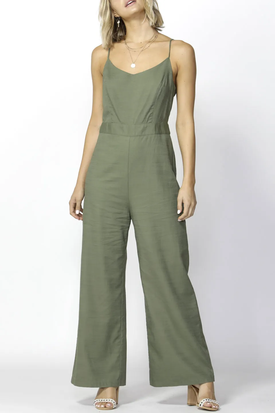 Sea Ya Strappy Wide Leg Khaki Jumpsuit