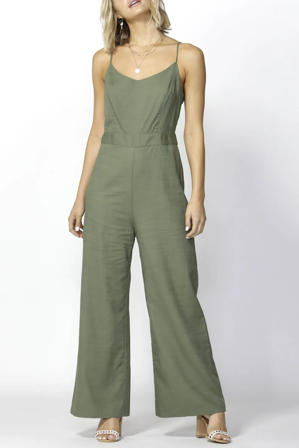 Sea Ya Strappy Wide Leg Khaki Jumpsuit