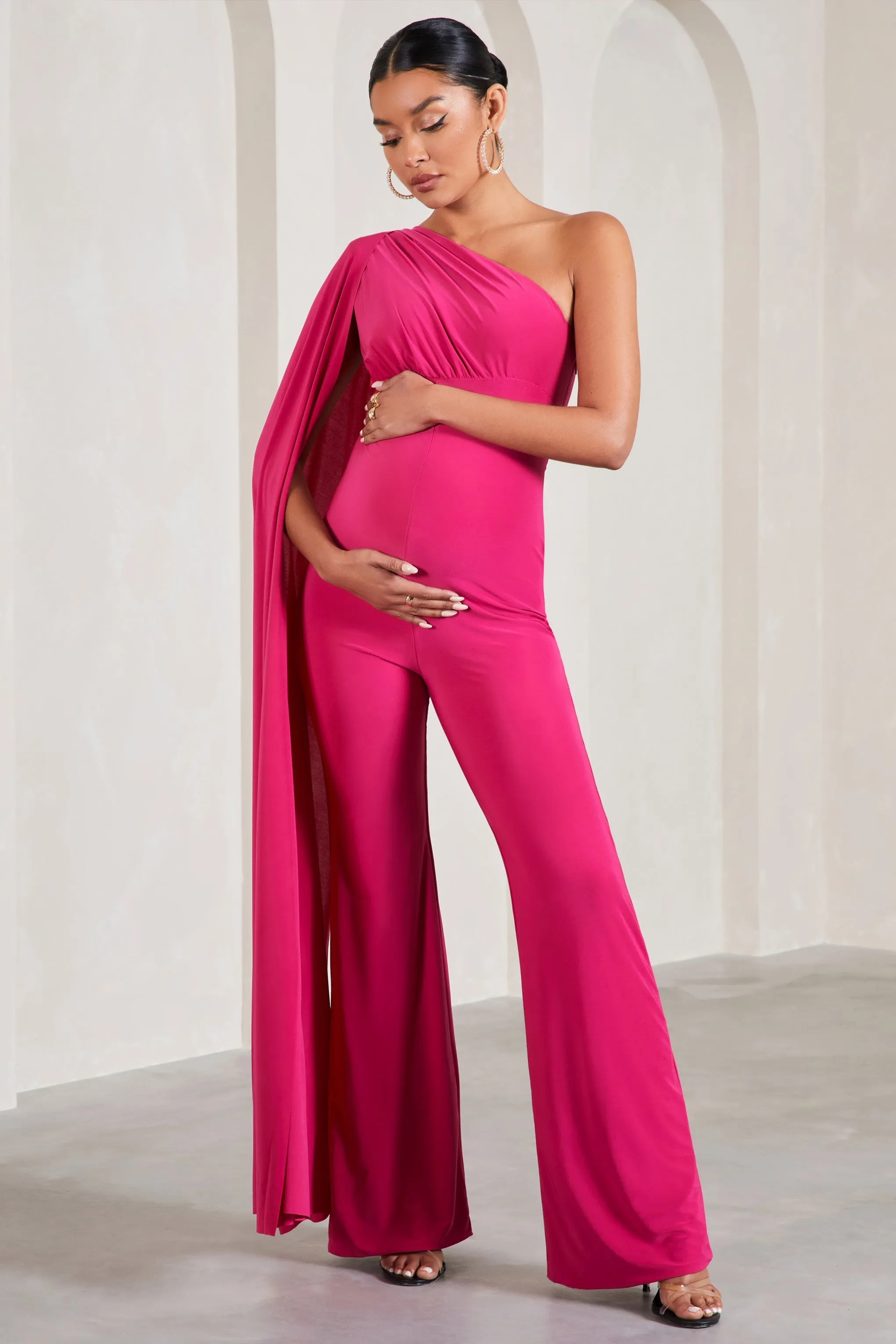 Sing To Sleep | Hot Pink Maternity One Shoulder Cape Jumpsuit