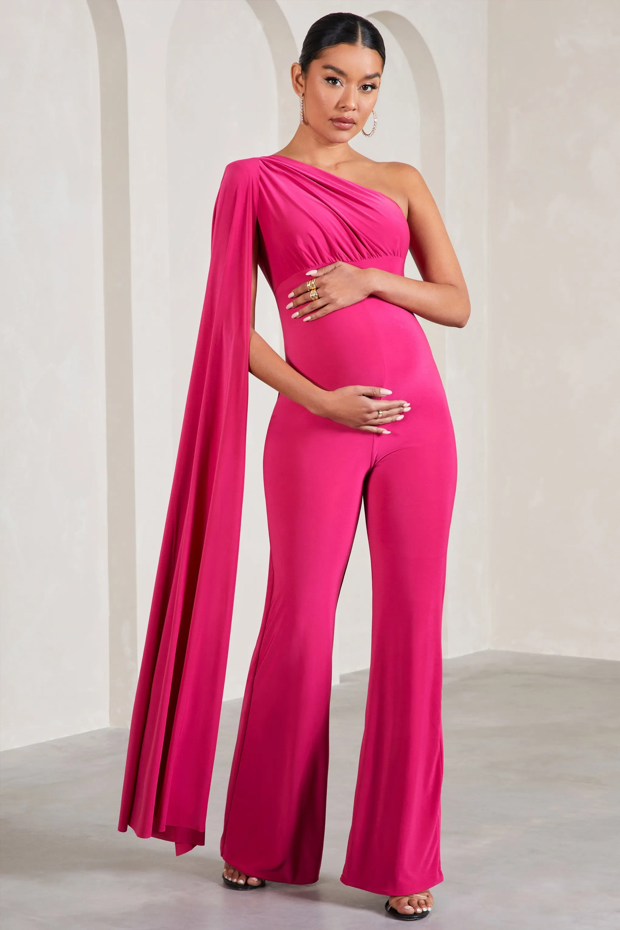 Sing To Sleep | Hot Pink Maternity One Shoulder Cape Jumpsuit