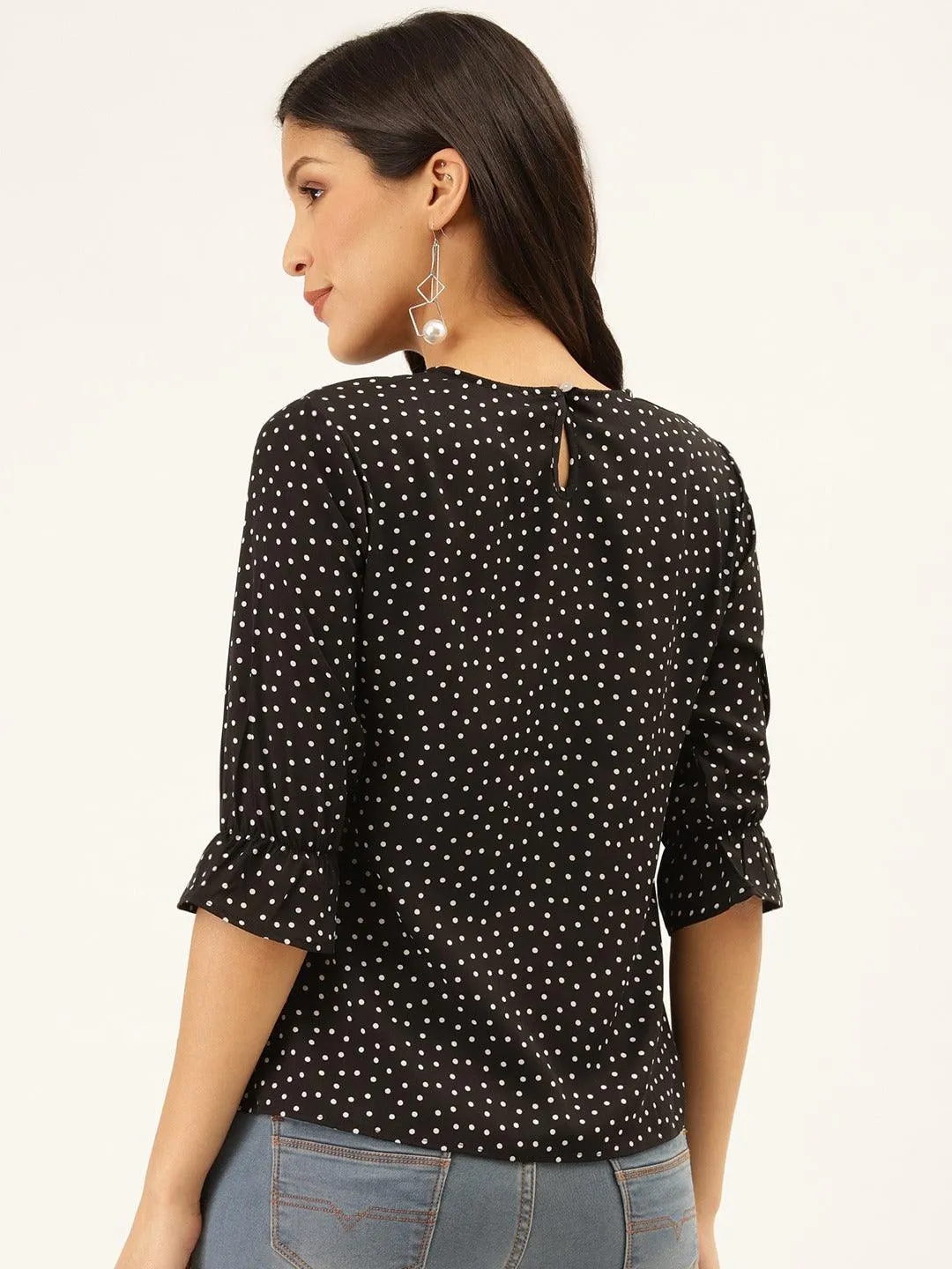 Style Quotient Women Black And White Polka Dot Printed Polyester Smart Casual Top