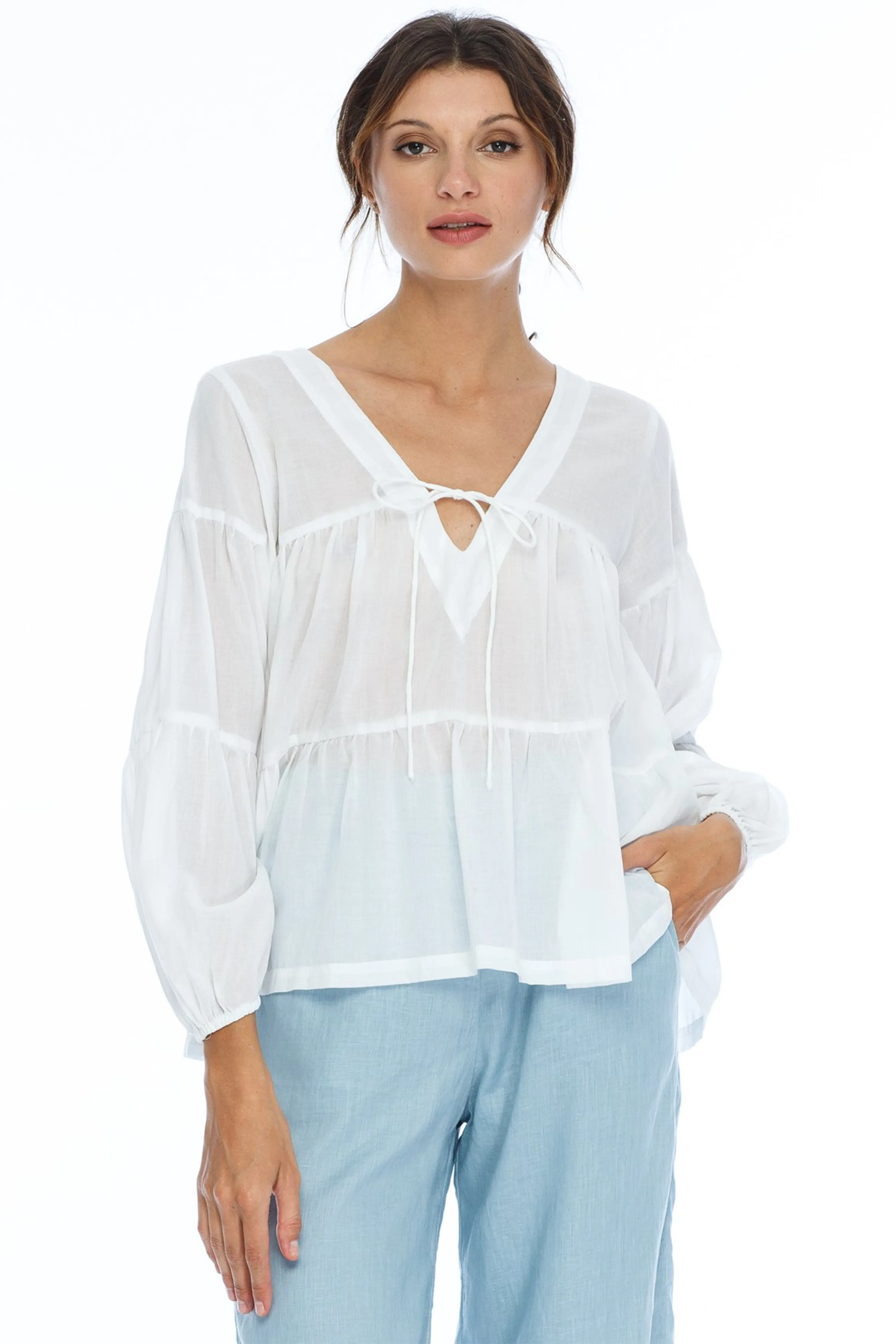 Wherever You Are LS Tiered Cotton Voile White Top