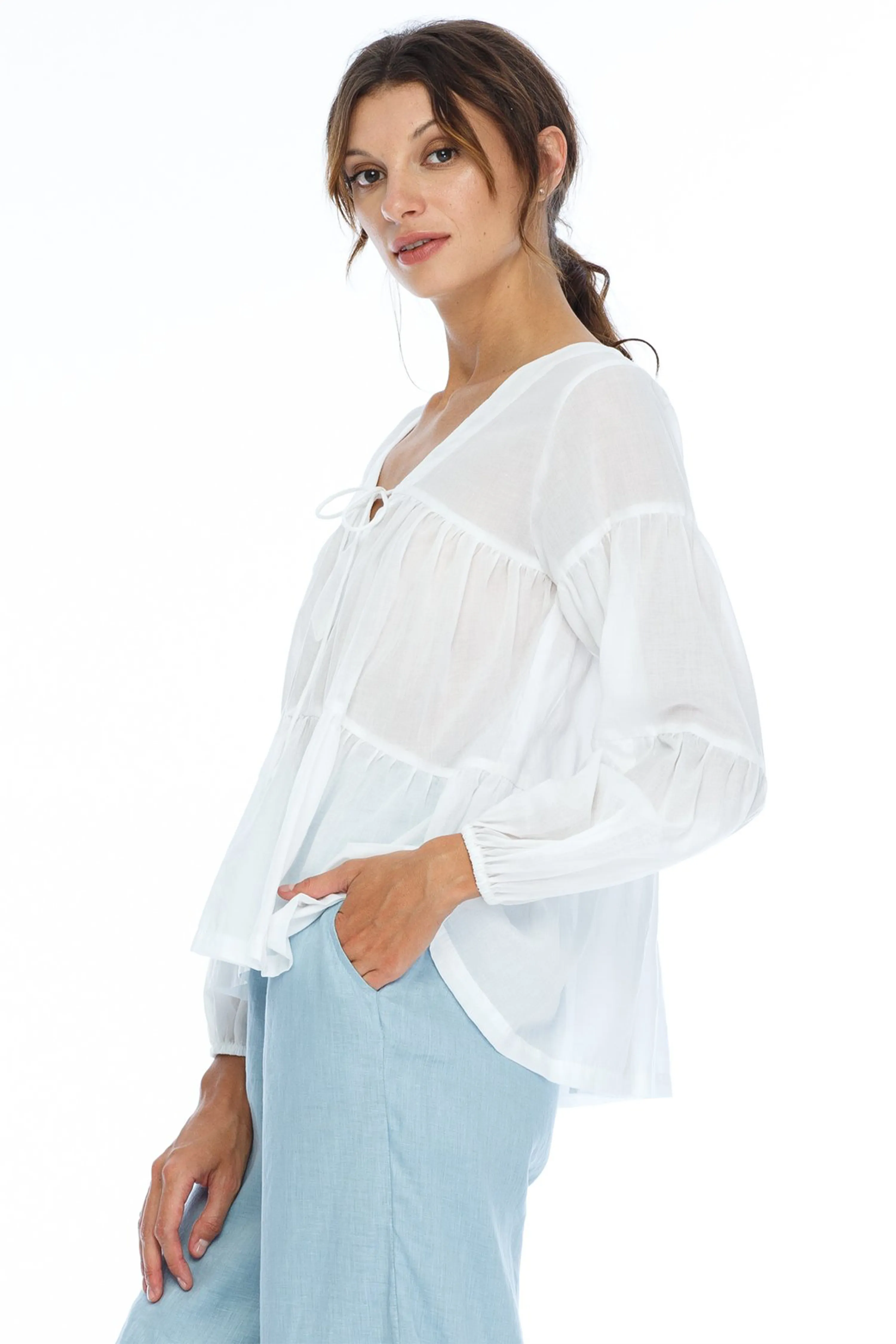 Wherever You Are LS Tiered Cotton Voile White Top