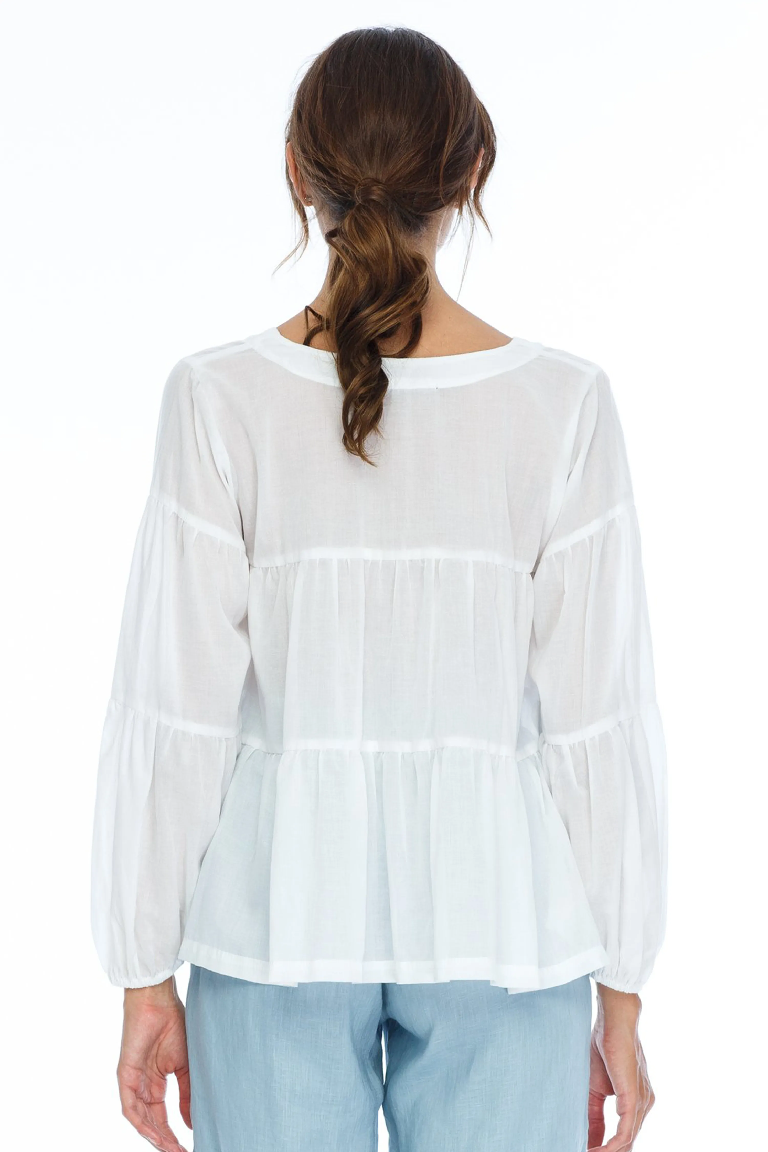 Wherever You Are LS Tiered Cotton Voile White Top