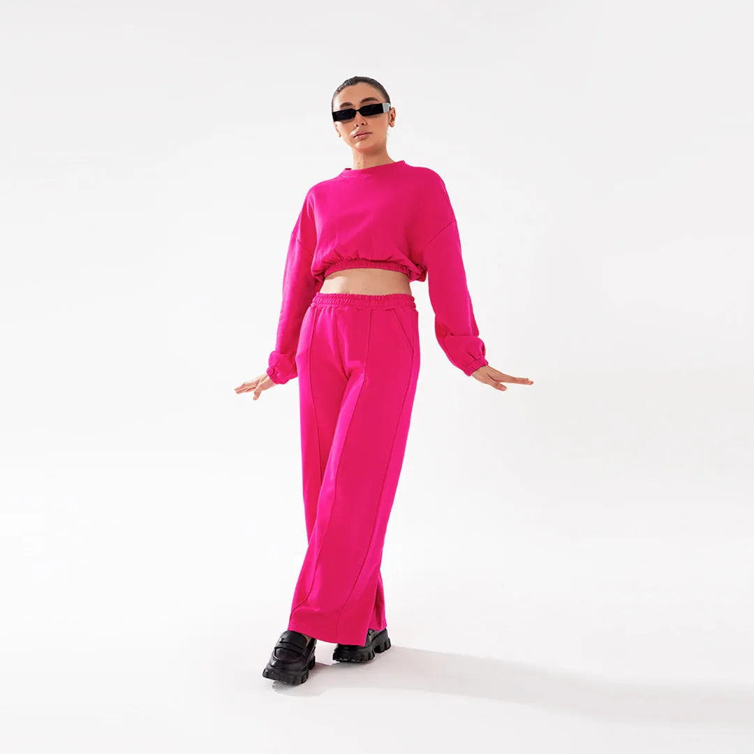 Wide Leg Seam Front Flare Joggers in Fuchsia Pink