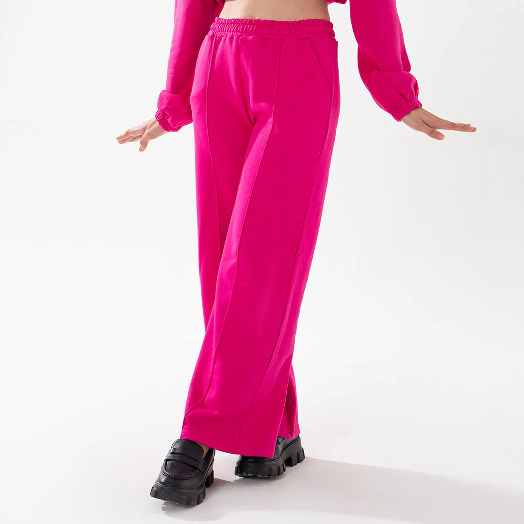 Wide Leg Seam Front Flare Joggers in Fuchsia Pink