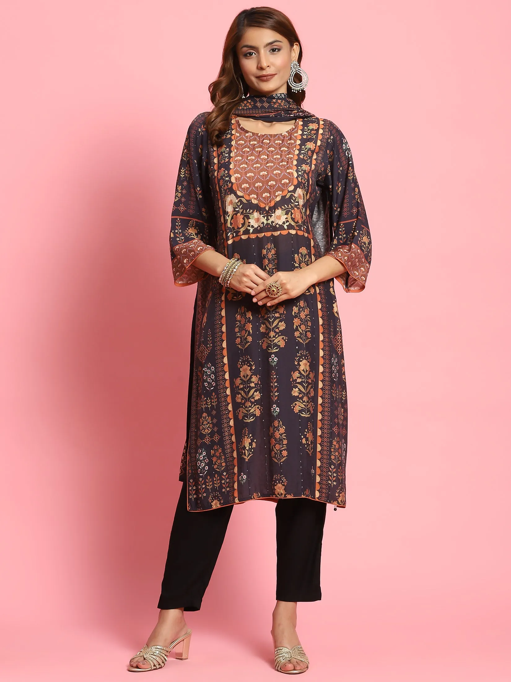 Women Black Floral Printed Kurta Trouser Dupatta