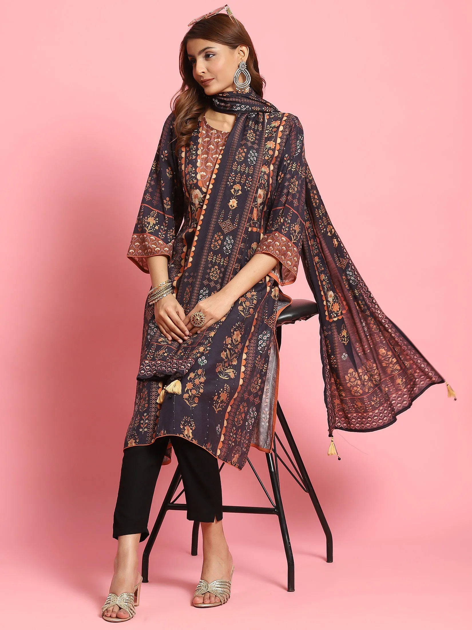 Women Black Floral Printed Kurta Trouser Dupatta