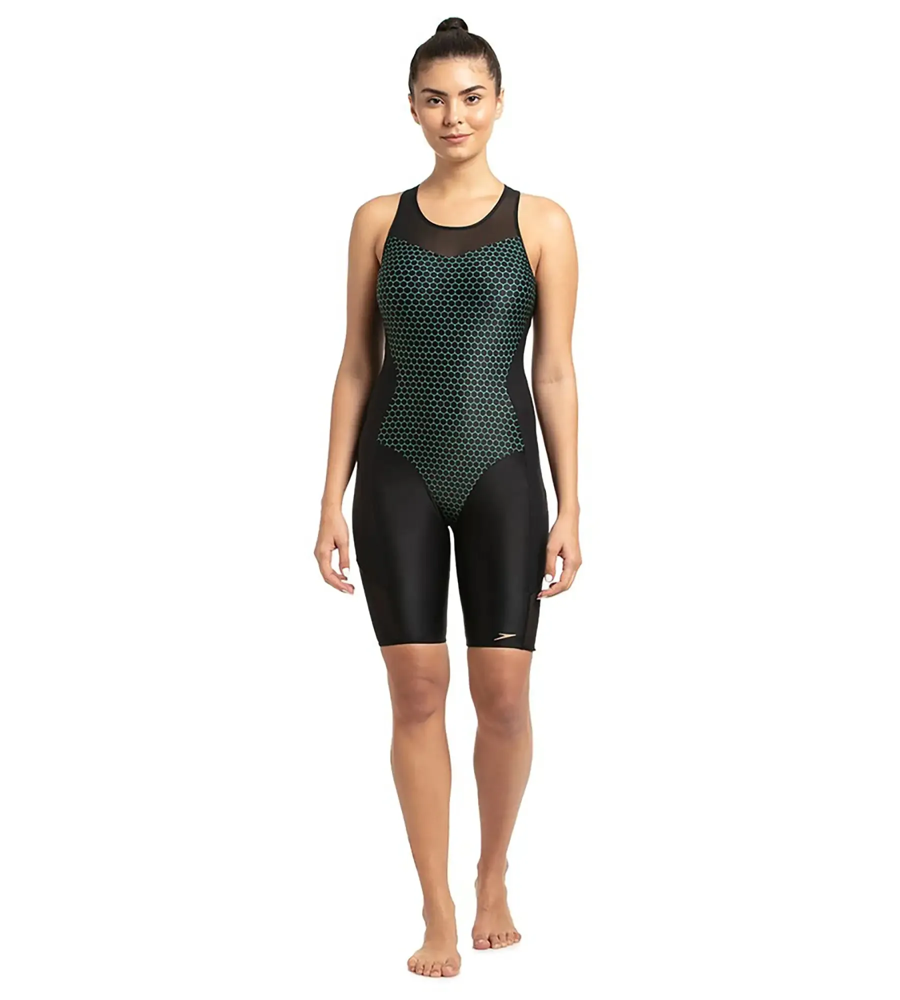 Women's Mesh Panel Legsuit Swimwear  - Black & Greenglow