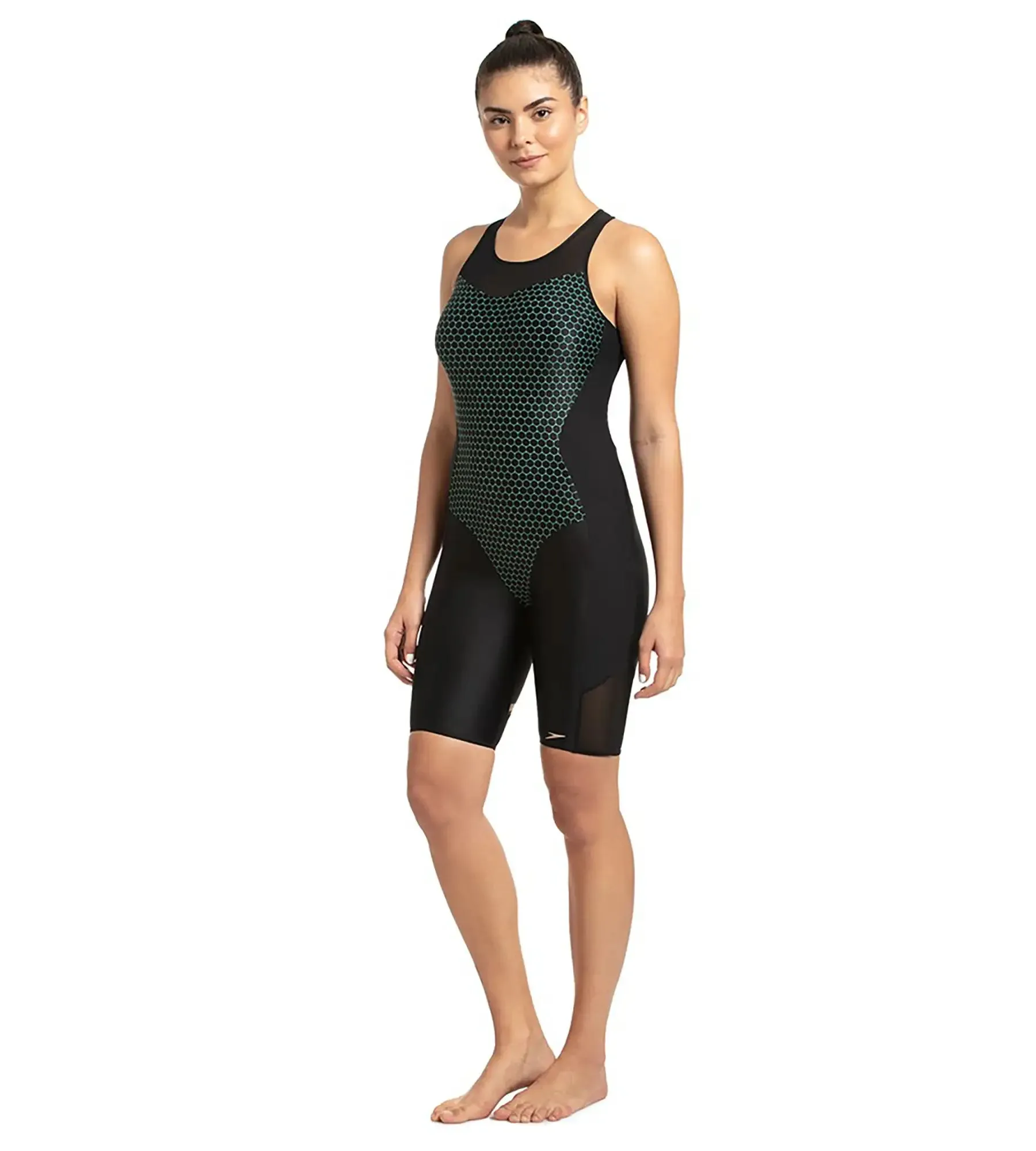 Women's Mesh Panel Legsuit Swimwear  - Black & Greenglow