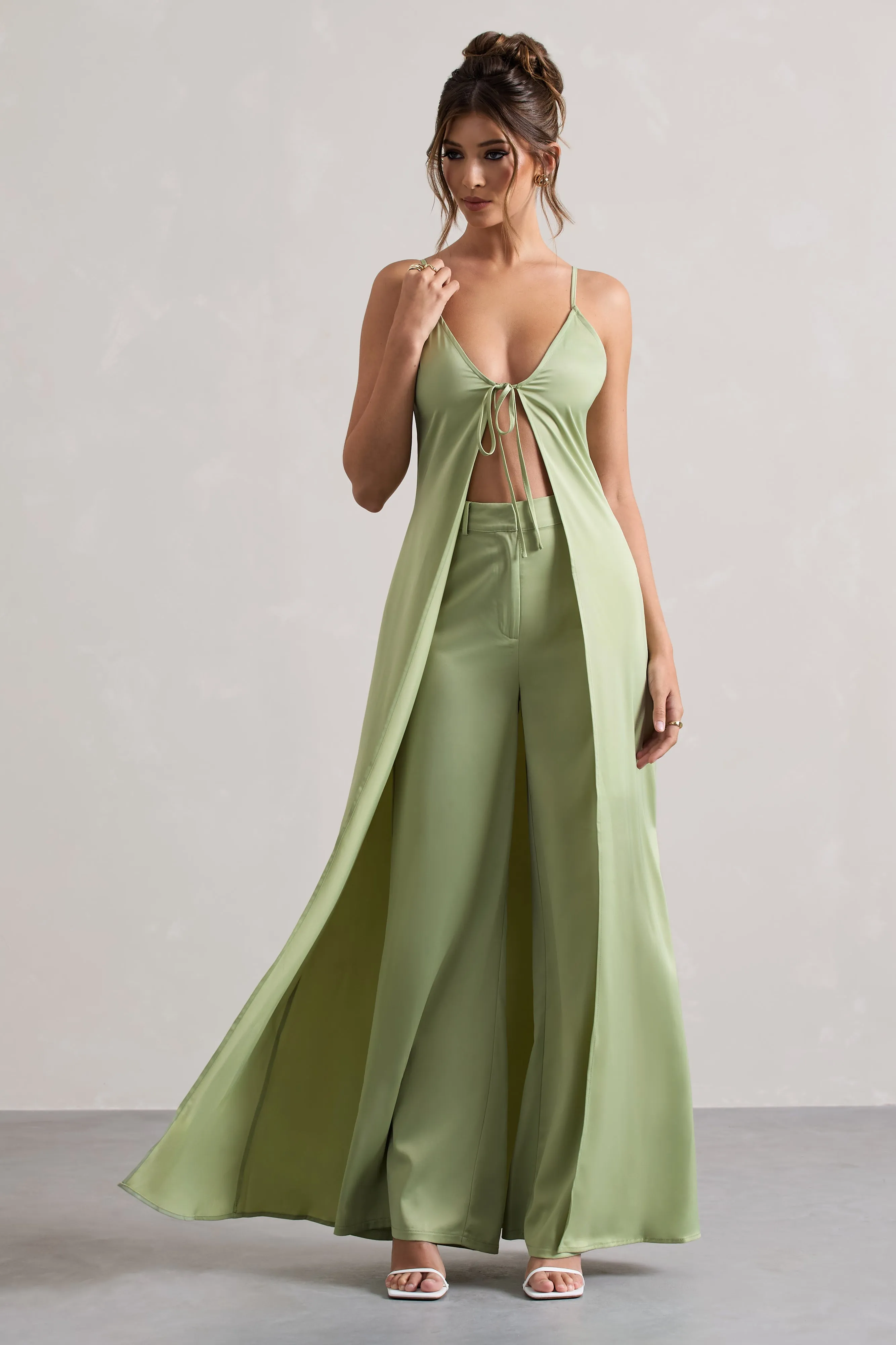 Your Way | Pale Green Satin Wide-Leg Trousers